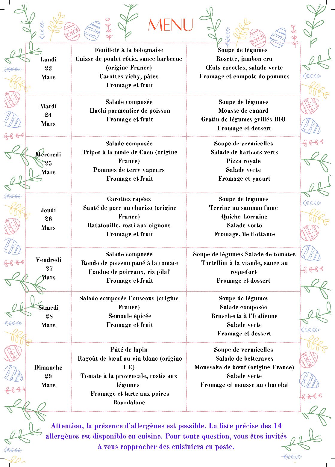 Menu du 23 au 29 mars 2026